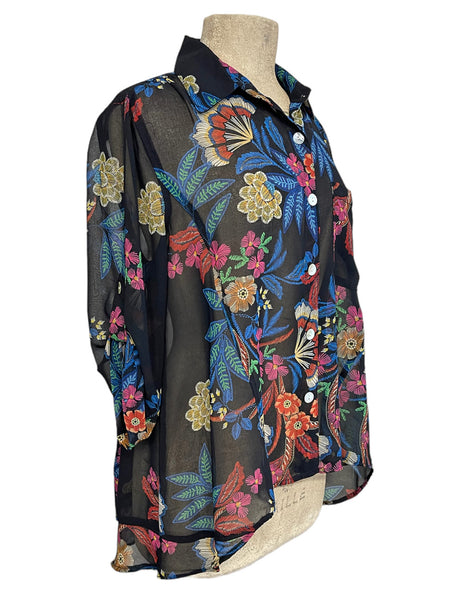 Black & Colorful Stitch Floral Sheer Button Up Hi-Low Blouse