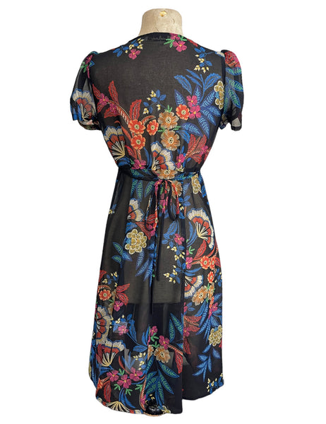 Sheer Black & Colorful Stitched Floral Print Knee Length Rita Dress