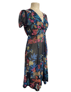 Sheer Black & Colorful Stitched Floral Print Knee Length Rita Dress
