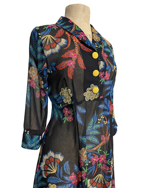 Sheer Black & Colorful Stitched Floral 1940s Sleeved Vintage Day Dress