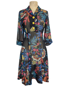 Sheer Black & Colorful Stitched Floral 1940s Sleeved Vintage Day Dress