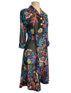 Sheer Black & Colorful Stitched Floral 1940s Sleeved Vintage Day Dress