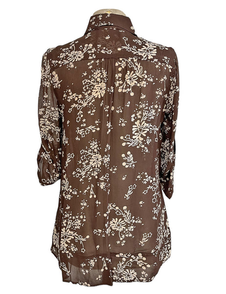 Brown & Cream Sheer Floral Button Up Hi-Low Blouse