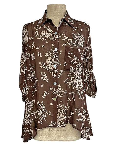 Brown & Cream Sheer Floral Button Up Hi-Low Blouse