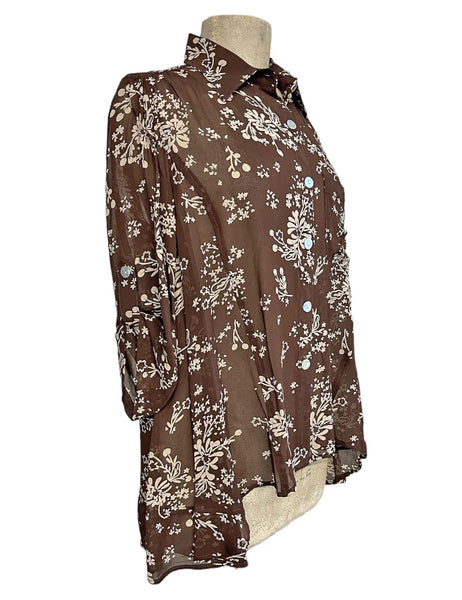 Brown & Cream Sheer Floral Button Up Hi-Low Blouse