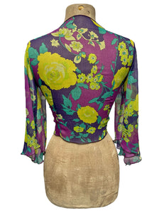 Sheer Neon 70s Floral Angel Wing Crop Tie Top