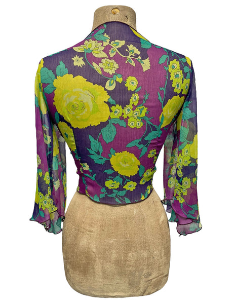 Sheer Neon 70s Floral Angel Wing Crop Tie Top