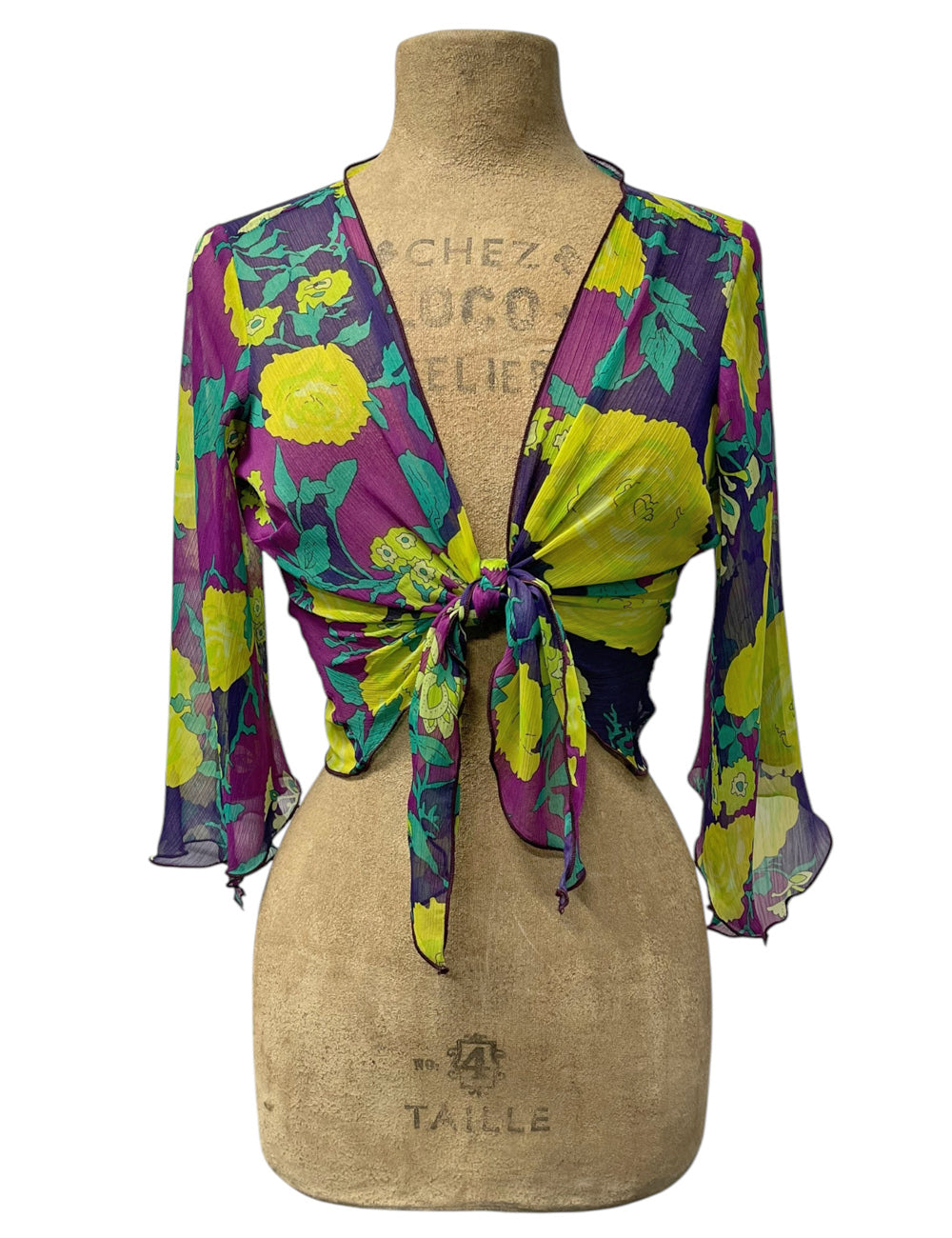 Sheer Neon 70s Floral Angel Wing Crop Tie Top