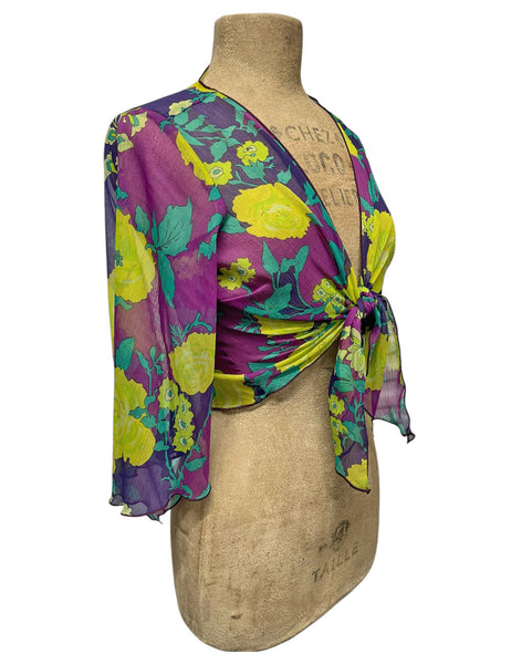 Sheer Neon 70s Floral Angel Wing Crop Tie Top