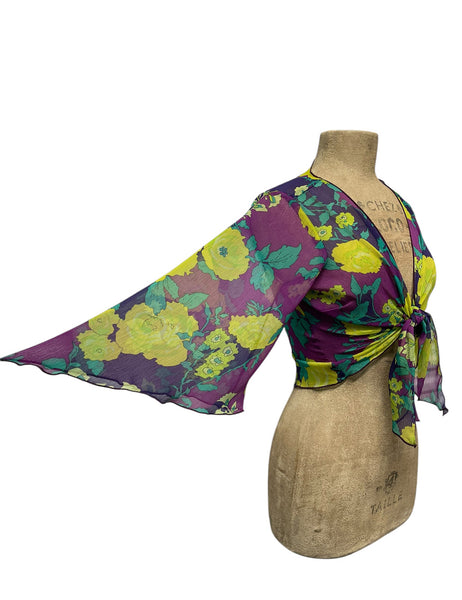 Sheer Neon 70s Floral Angel Wing Crop Tie Top