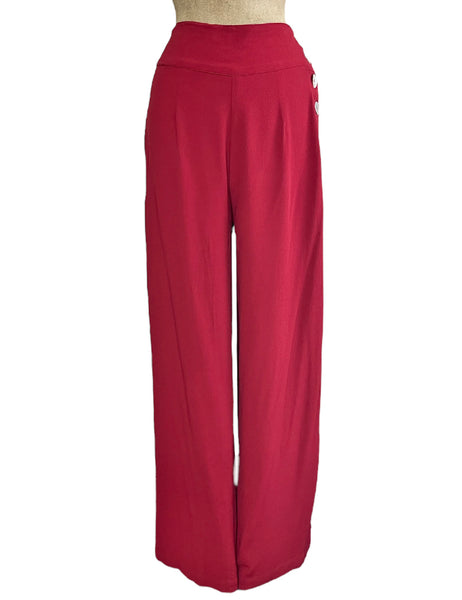 Solid Cranberry Red 1940s Style High Waisted Palazzo Pants