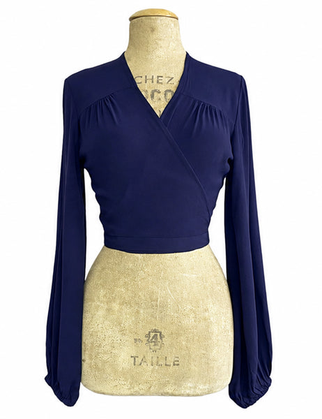 Navy Blue Drama Sleeve Babaloo Cropped Wrap Top