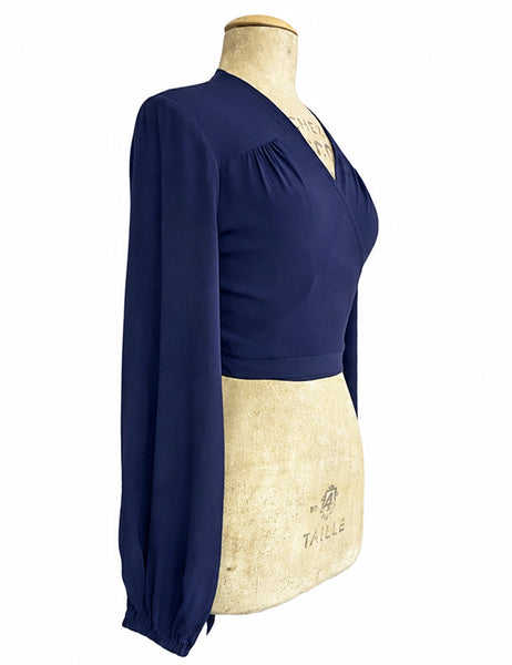Navy Blue Drama Sleeve Babaloo Cropped Wrap Top