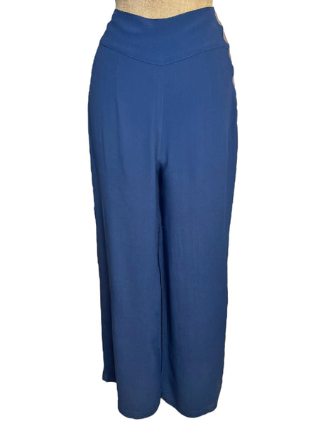 Cerulean Blue 1940s Style High Waisted Palazzo Pants