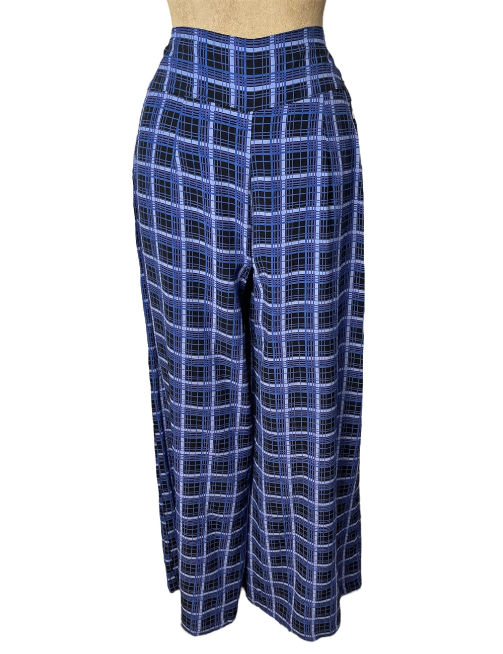 Shades of Blue Plaid 1940s Style High Waisted Palazzo Pants