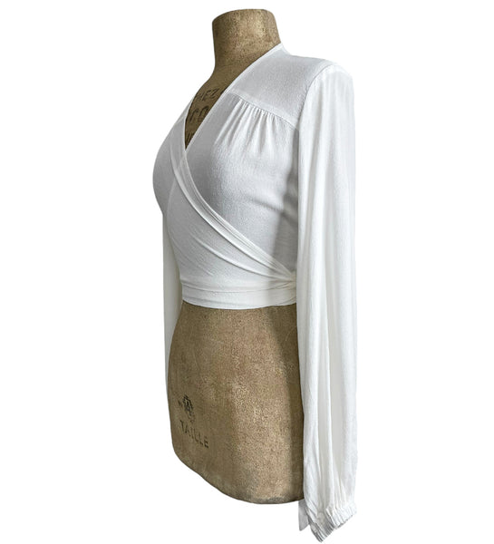Solid White Drama Sleeve Babaloo Cropped Wrap Top