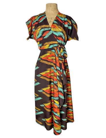 Southwest Autumn Sunset Satin Cascade Wrap Dress