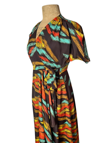 Southwest Autumn Sunset Satin Cascade Wrap Dress