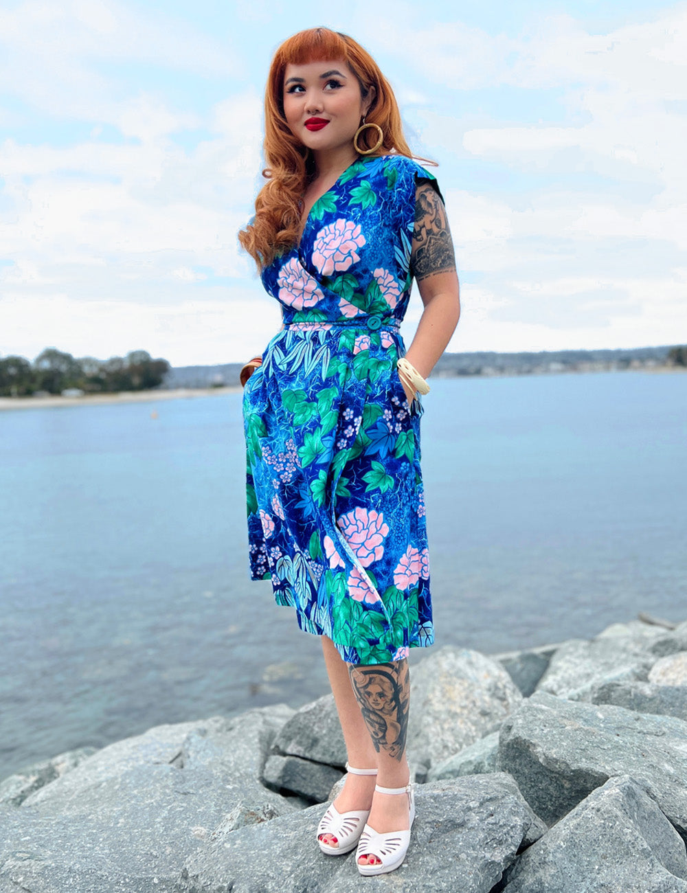 Scout for Loco Lindo - 1940s Style Blue Barkcloth Print Garden Wrap Dress
