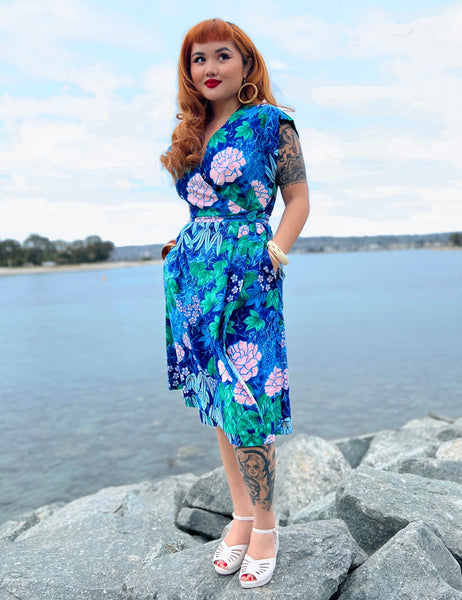 Scout for Loco Lindo - 1940s Style Blue Barkcloth Print Garden Wrap Dress