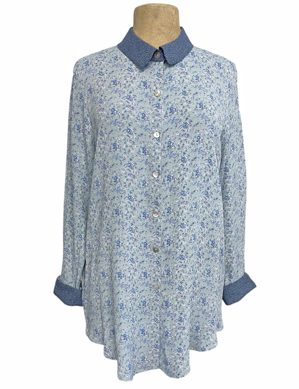 Sweet Blue Floral Long Sleeve Peter Pan Collar Blouse – Loco
