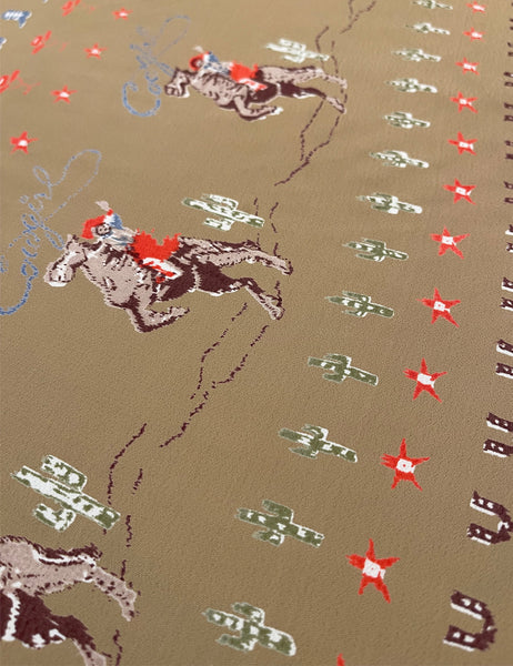 Tan Cowgirl Border Print Rayon Crepe Fabric - 2 yds