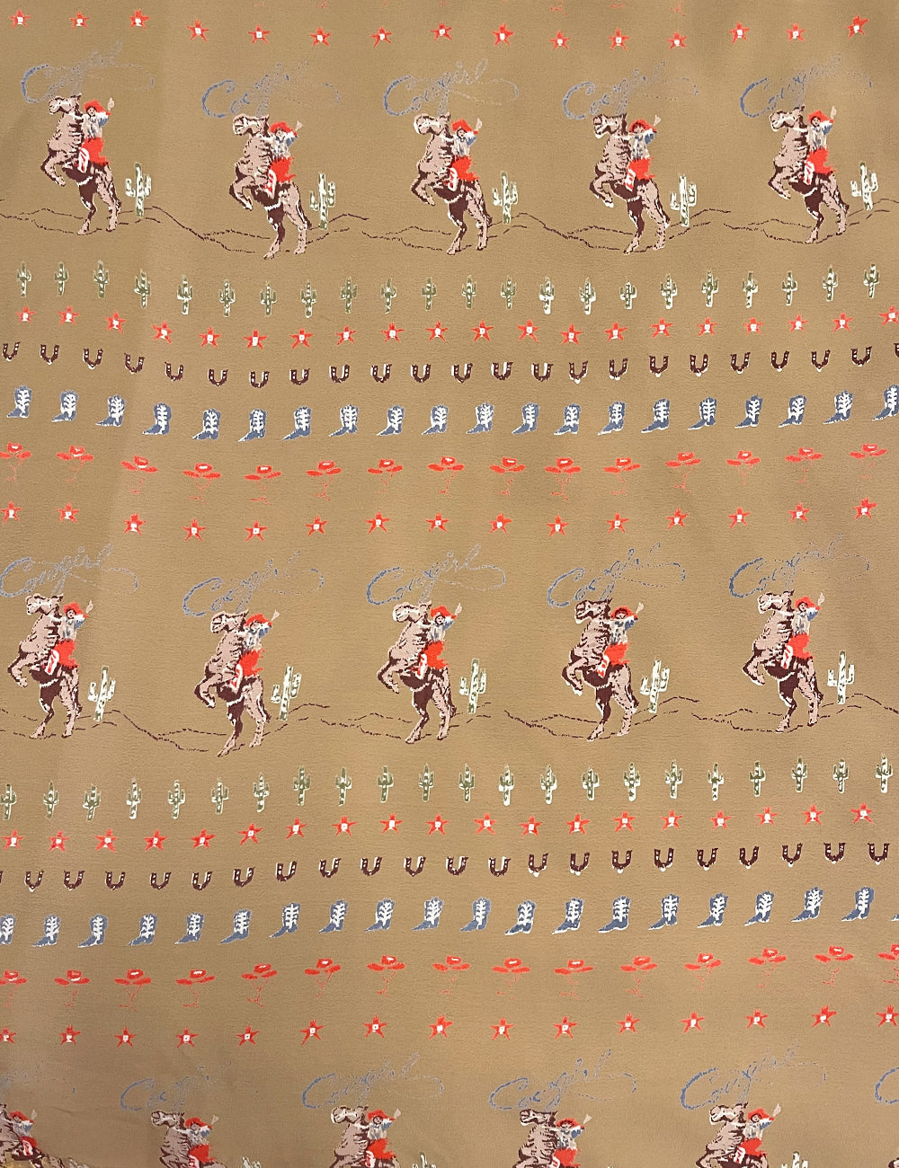 Tan Cowgirl Border Print Rayon Crepe Fabric - 2 yds