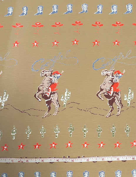 Tan Cowgirl Border Print Rayon Crepe Fabric - 2 yds