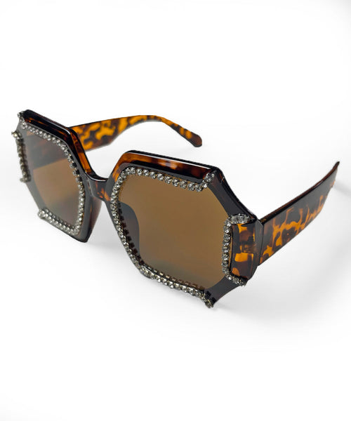 Tortoise Brown 1970s Retro Rhinestone Oversized Sunglasses