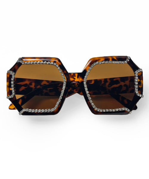 Tortoise Brown 1970s Retro Rhinestone Oversized Sunglasses