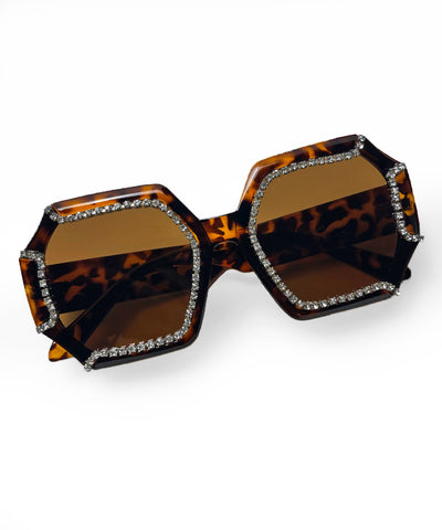 Tortoise Brown 1970s Retro Rhinestone Oversized Sunglasses