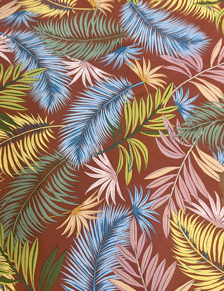 Rayon 1940s Inspired Tropical Fern Print Cascade Wrap Dress
