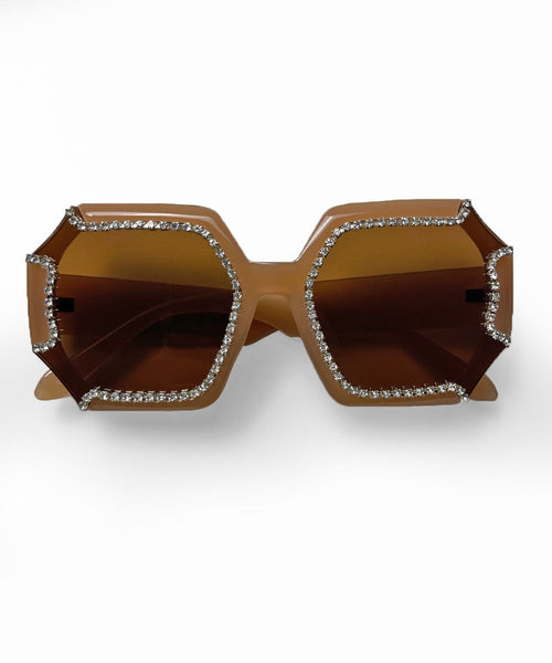 Two Tone Brown 1970s Retro Rhinestone Oversized Sunglasses