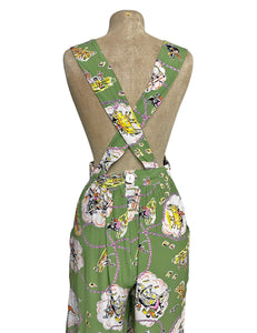 Sage Green Vintage Western Print 1940s Rosie Bib Overalls