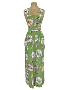 Sage Green Vintage Western Print 1940s Rosie Bib Overalls