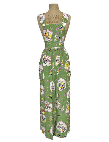 BACKORDER - Sage Green Vintage Western Print 1940s Rosie Bib Overalls