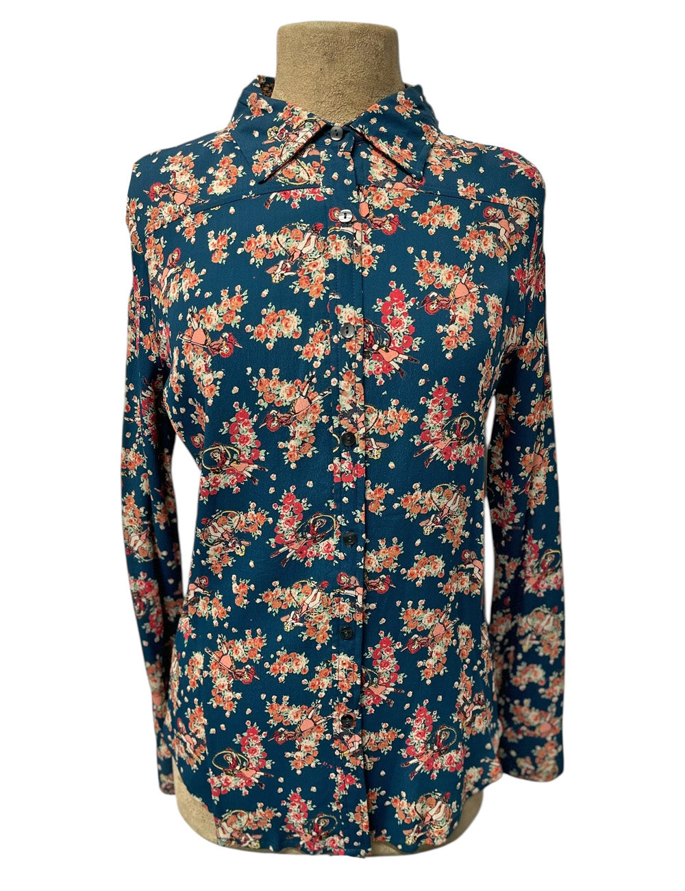 SAMPLE - Teal Cowgirl Print Button Up Blouse - Small
