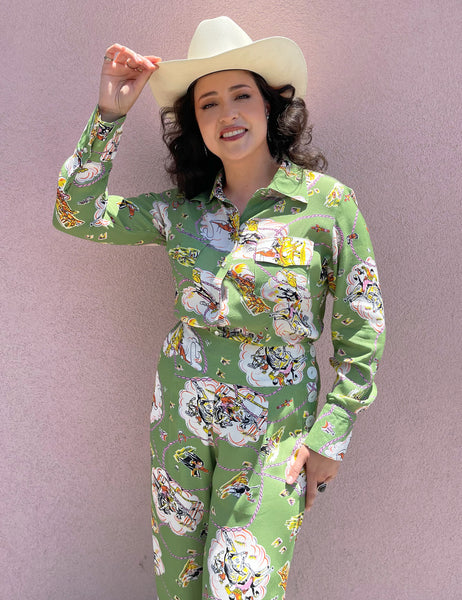 PREORDER - Sage Green Vintage Western Print Long Sleeved Snap Blouse