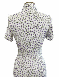 1940s White Purple Posey Vintage Style Margie Button Dress