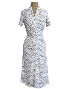 1940s White Purple Posey Vintage Style Margie Button Dress