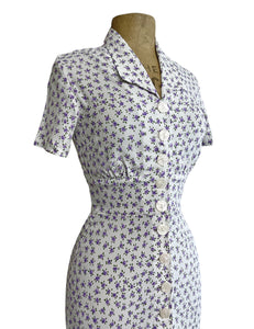 1940s White Purple Posey Vintage Style Margie Button Dress