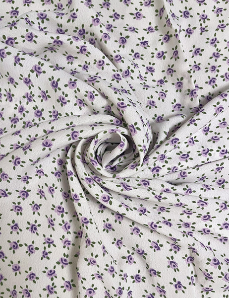 White Purple Posey Rayon Crepe Fabric - 2 yds