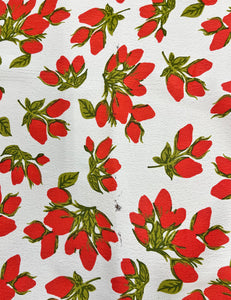 White & Red Rosebud Print Rayon Crepe Fabric - 2.5 yds