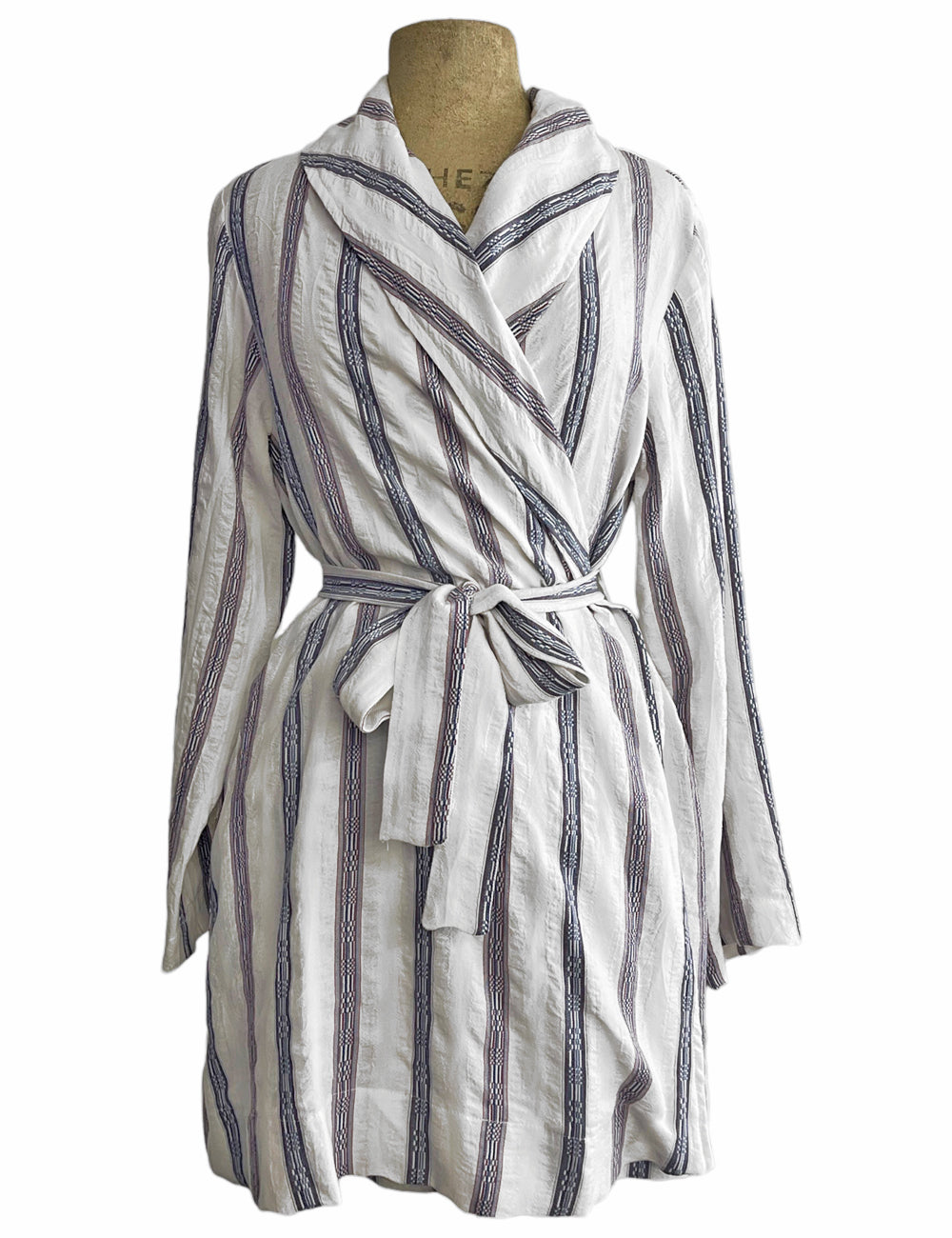 White Southwestern Stripe Cotton Shawl Collar Robe & Cover Up