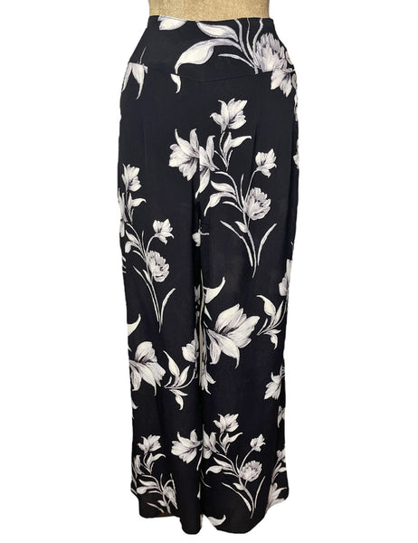 Black & White Winter Floral 40s Style High Waist Palazzo Pants