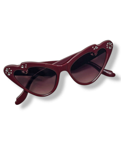 Wine Rhinestoned Love Struck Cat Eye Sunglasses