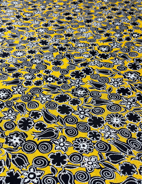 Black & Yellow Stencil Floral Rayon Crepe Fabric - 2 yds