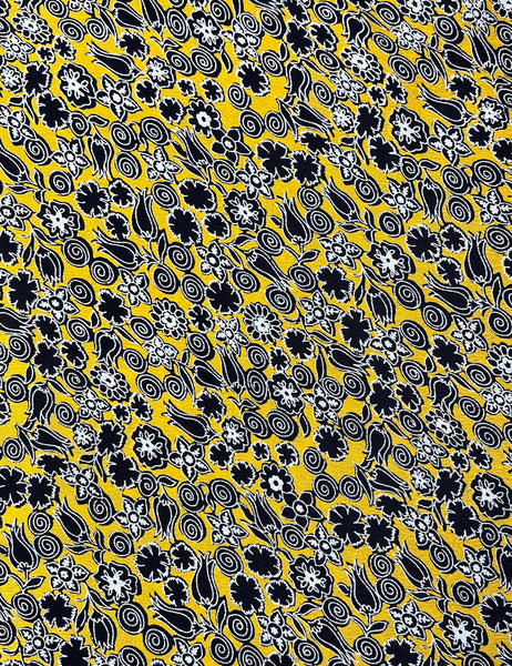 Black & Yellow Stencil Floral Rayon Crepe Fabric - 2 yds