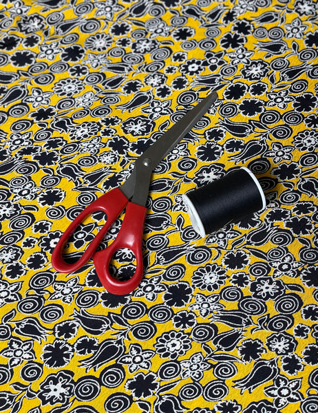 Black & Yellow Stencil Floral Rayon Crepe Fabric - 2 yds