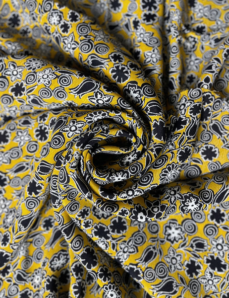 Black & Yellow Stencil Floral Rayon Crepe Fabric - 2 yds